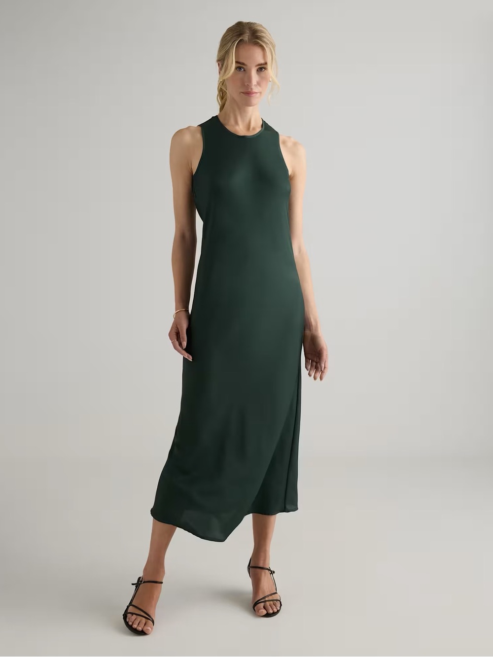 Quince Washable Stretch Silk Tank Midi Dress small Forest green holiday office